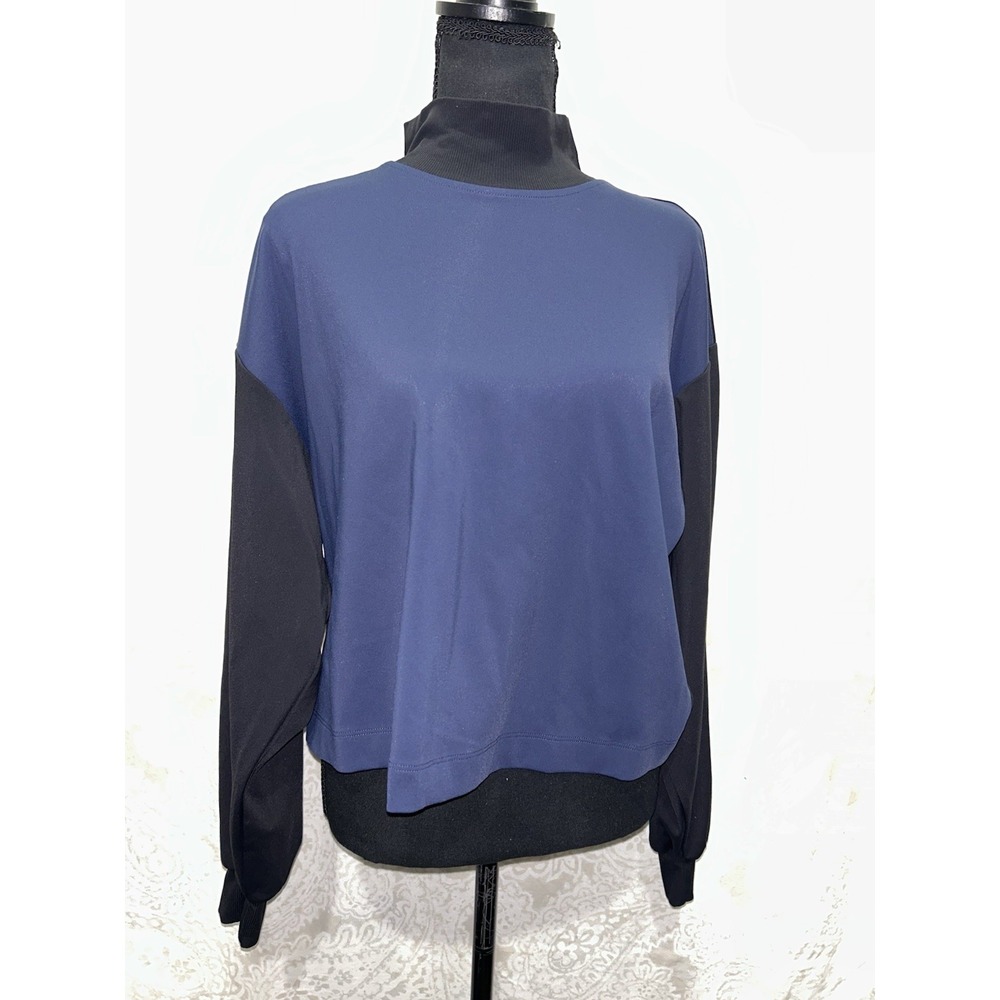 Athleta Color Block Navy Blue‎ Black Funnel Mock Neck Sweatshirt EUC Sz M